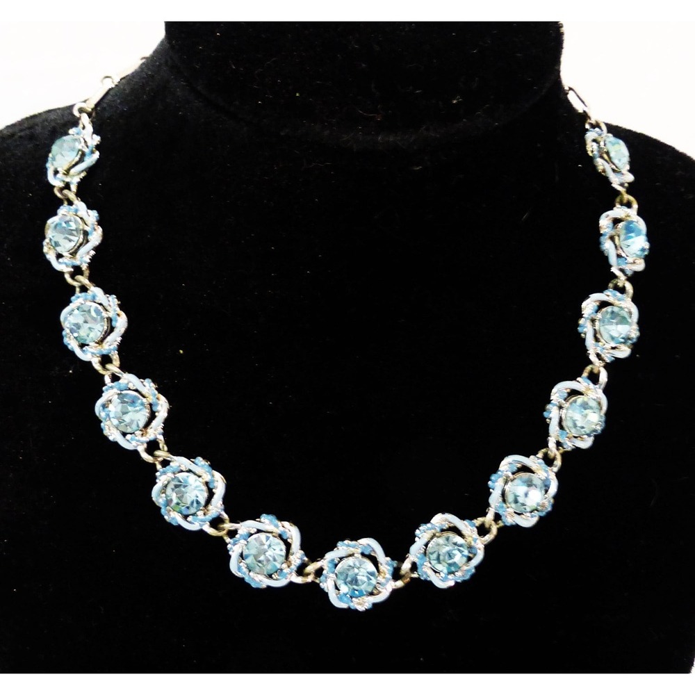 Vintage necklace costume blue glass metal floral silver tone Boho French preppy
